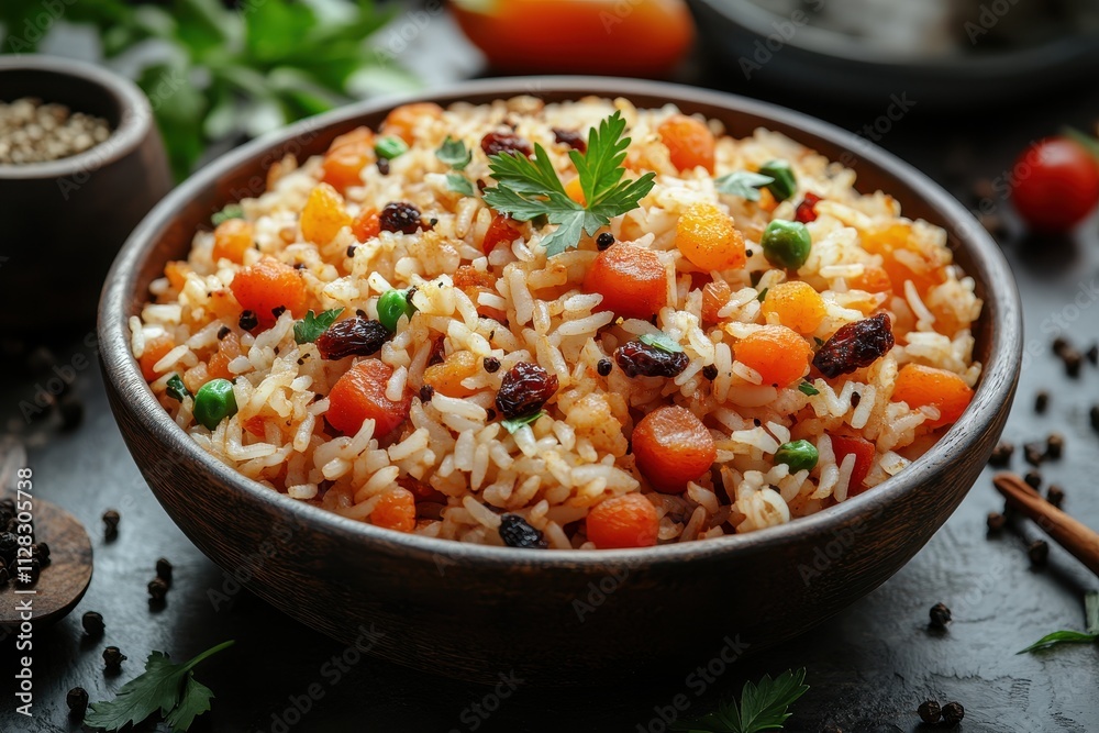 Plate of rice with dried fruits and spices, a vibrant and flavorful culinary creation. Plate of rice with dried fruits and spices, a vibrant and flavorful culinary creation.