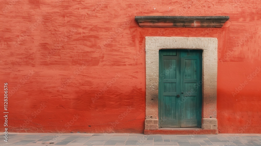 Vibrant Red Wall with Weathered Wooden Door Vibrant Red Wall with Weathered Wooden Door