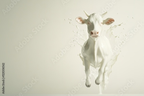 artistic splash of milk forming silhouette of cow mid-air against clean neutral background