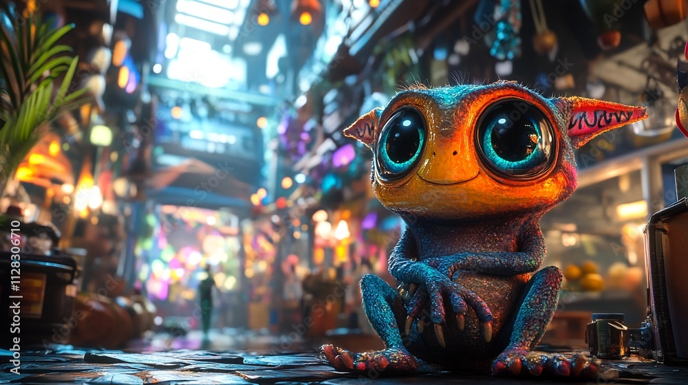Urban Oasis: A Vibrant Market Scene Illuminated by Colorful Neon Lights and a Mysterious Little Creature.