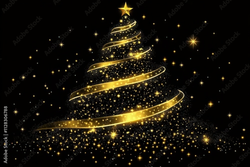 Golden Ribbon Christmas Tree on Black Background Golden Ribbon Christmas Tree on Black Background