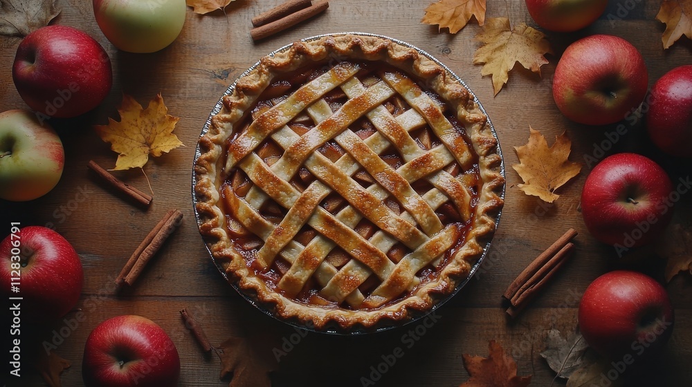 Delicious apple pie with lattice crust, surrounded by apples and cinnamon sticks. Perfect for autumn themes, Thanksgiving, or dessert imagery. Delicious apple pie with lattice crust, surrounded by apples and cinnamon sticks. Perfect for autumn themes, Thanksgiving, or dessert imagery.