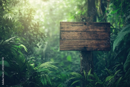 empty wooden sign in a lush green forest