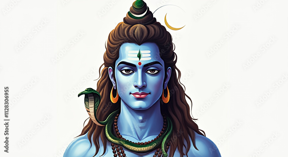 A focused portrayal of Lord Shiva with open eyes, crescent moon on his hair, and sacred markings on his forehead, glowing against a soft white background A focused portrayal of Lord Shiva with open eyes, crescent moon on his hair, and sacred markings on his forehead, glowing against a soft white background