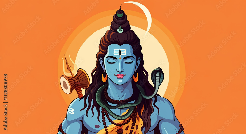 A serene depiction of Lord Shiva meditating with closed eyes, holding a trident, adorned with sacred symbols, and set against an orange circular glow A serene depiction of Lord Shiva meditating with closed eyes, holding a trident, adorned with sacred symbols, and set against an orange circular glow