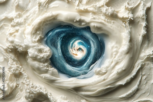 top down view of close-up of milk bottle with galaxy swirling inside instead of milk set on neutral background