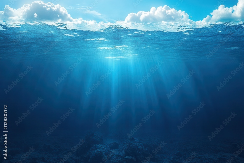 Obraz premium Underwater scene with light rays and ocean floor.