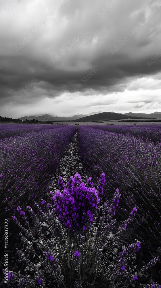 Obraz premium A grayscale field of lavender under a stormy sky, with a single plant vividly purple in the foreground