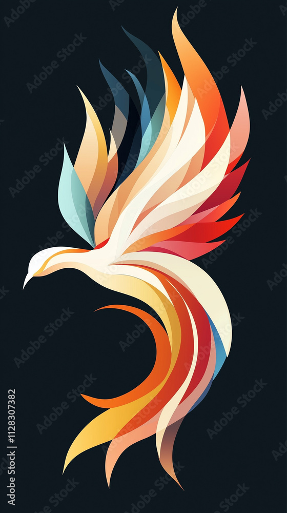 Colorful abstract phoenix with vibrant feathers on black Colorful abstract phoenix with vibrant feathers on black