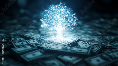 A glowing tree emerges from a pile of money, symbolizing wealth and prosperity. photo