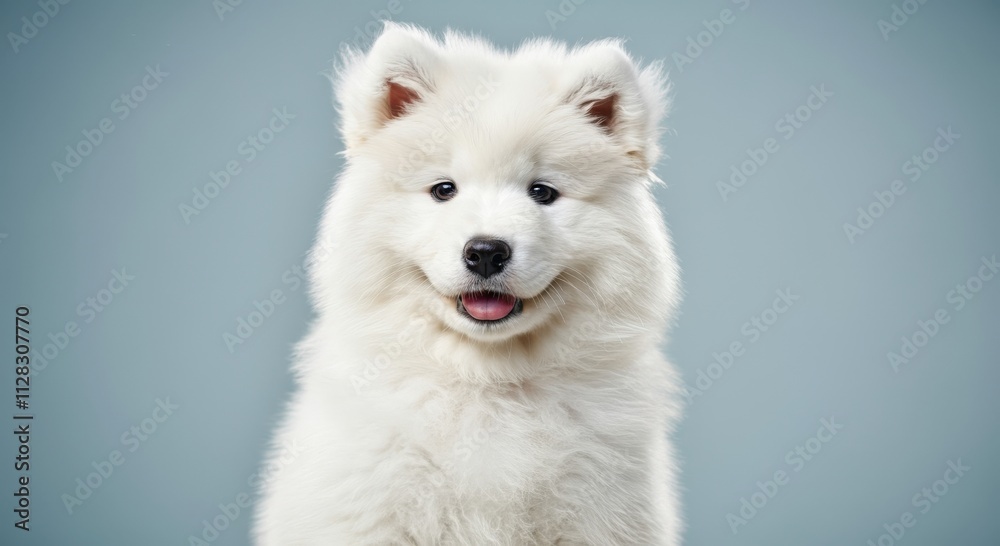 Fluffy samoyed puppy on blue background for pet-themed designs Fluffy samoyed puppy on blue background for pet-themed designs