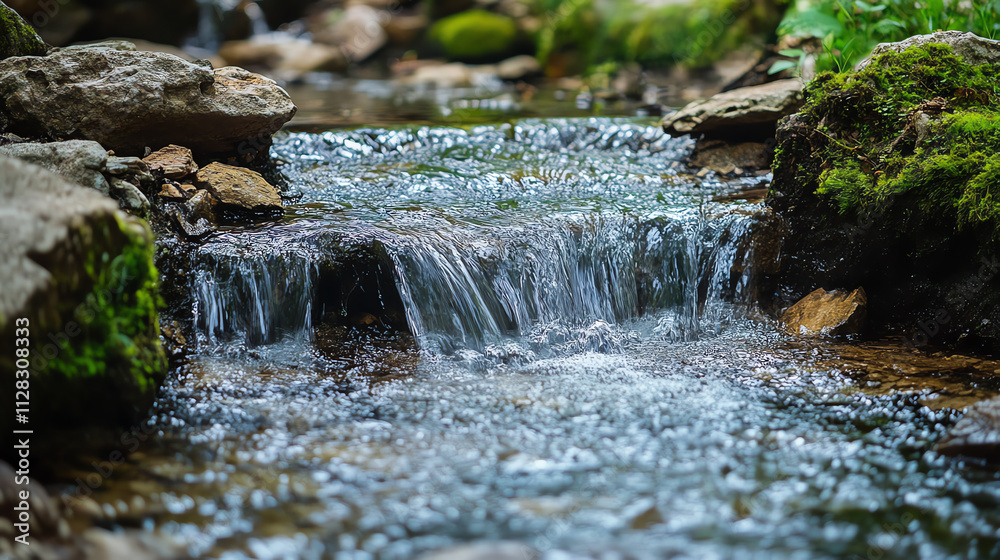 A serene stream flowing over rocks, surrounded by lush greenery and natural beauty. A serene stream flowing over rocks, surrounded by lush greenery and natural beauty.