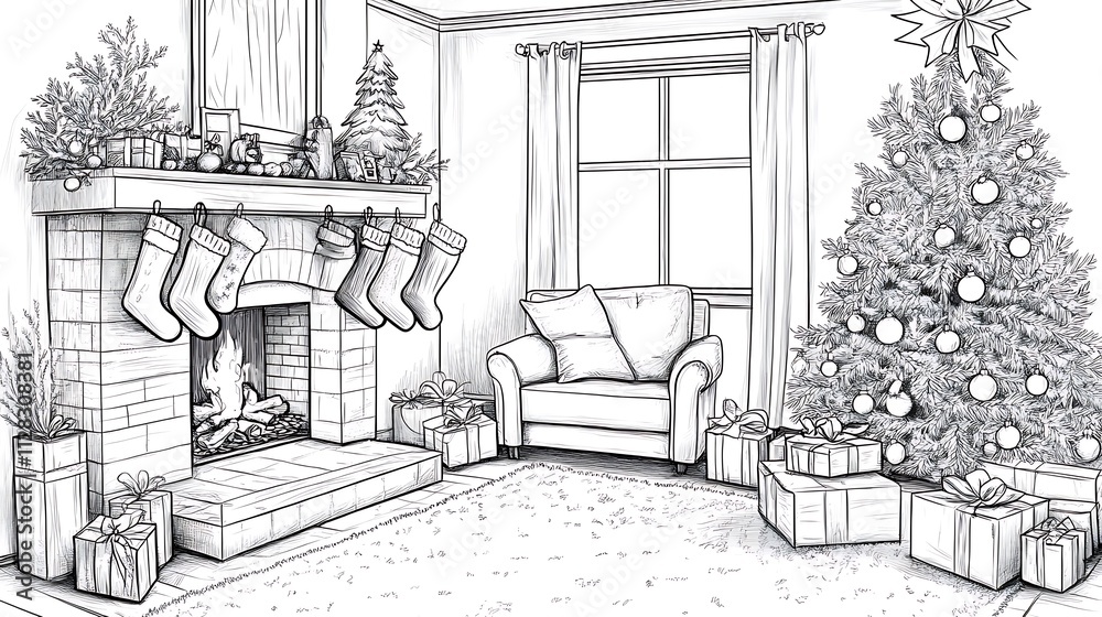 Fototapeta premium A clean white-style image of A cozy living room scene with stockings hanging by the fireplace and presents under the tree, in black-and-white for coloring. 