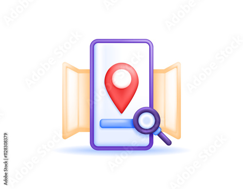 mobile map application concept. search for an address or destination location. illustration of a smartphone with a location symbol, map paper, and magnifying glass. symbol or icon. minimalist 3d style