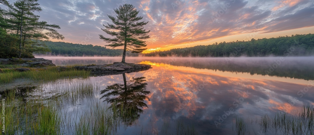 Fototapeta premium serene sunrise over calm lake with reflections and mist