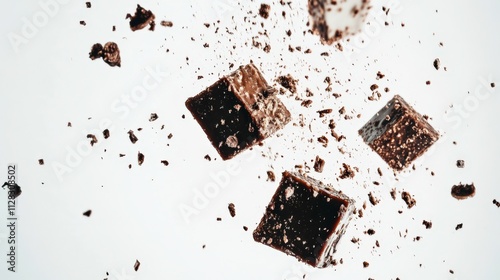 Captivating Chocolate Squares in Mid-Air with Crumbs Falling, Perfect for Gourmet, Dessert, and Culinary Themes, Showcasing Rich Colors and Texture photo