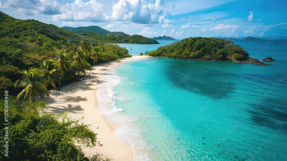 Obraz premium Aerial view of turquoise waters and white sand beaches surrounded by lush green tropical palms