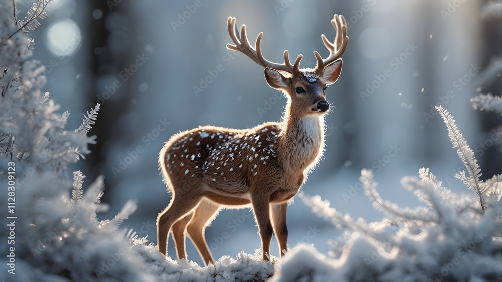Majestic deer in snowy forest, perfect for winterthemed designs, Christmas cards, naturethemed advertisements, and wildlife publications. Majestic deer in snowy forest, perfect for winterthemed designs, Christmas cards, naturethemed advertisements, and wildlife publications.
