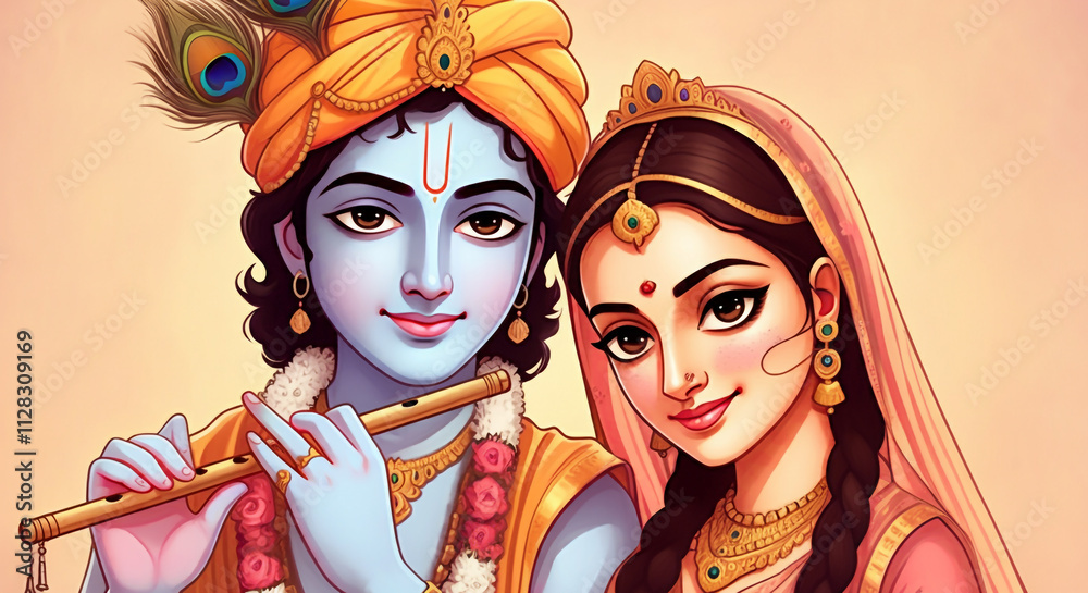 Obraz premium A close-up portrait of Lord Krishna and Radha adorned with a peacock feather, representing devotion, beauty, and eternal love