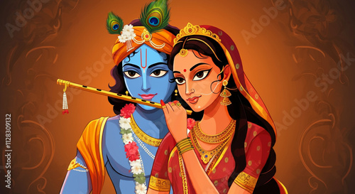 A vibrant illustration of Lord Krishna serenading Radha with his flute, symbolizing divine love and harmony photo