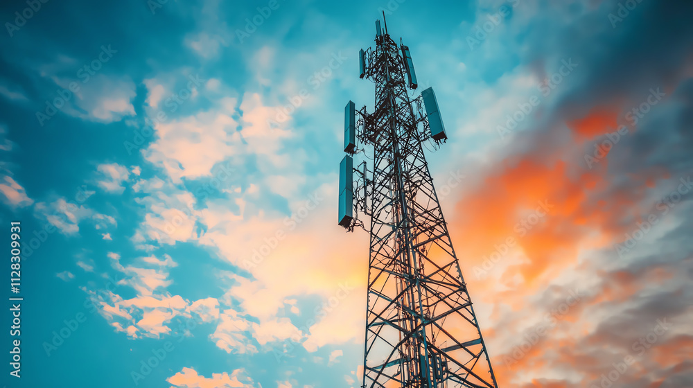 A towering communication tower under a vibrant sunset sky. A towering communication tower under a vibrant sunset sky.