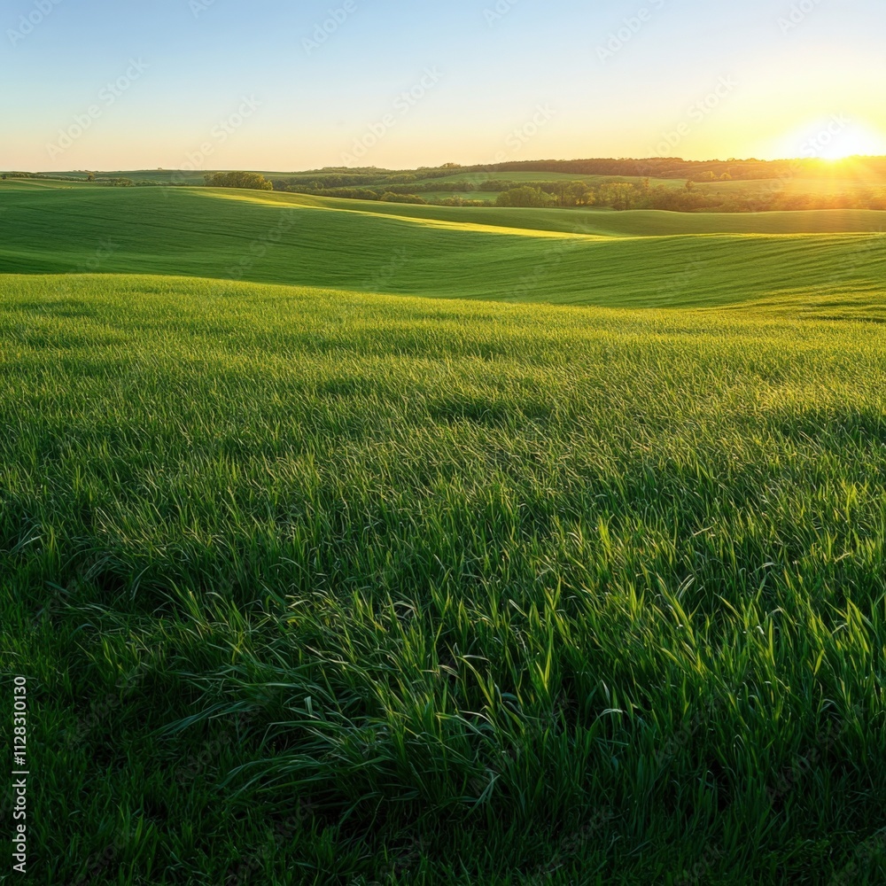 Fototapeta premium lush green fields under a bright sky at sunset