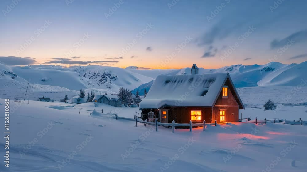 A cozy house with illuminated windows located in a snow-covered landscape at dusk, creating a warm and serene winter scene.