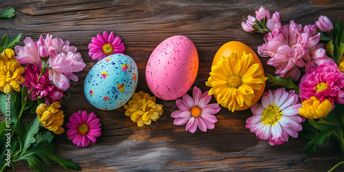 Easter eggs with flowers on wood background. Easter background. Generated AI
