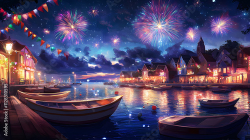 A Stunning New YearÆs Eve Celebration in a Coastal Town, Illustrated in a Colorful Fauvist Style with Boats and Fireworks photo