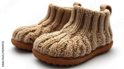 Warm cozy handknitted baby slippers with a ribbed texture and snug ankle cuff ideal for keeping little feet toasty isolated on a white background