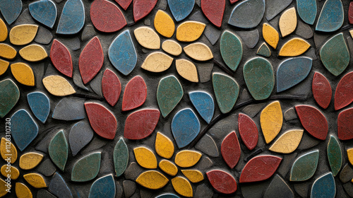Colorful Mosaic Wall Art Made of Vibrant Ceramic Tiles in Various Shapes and Designs