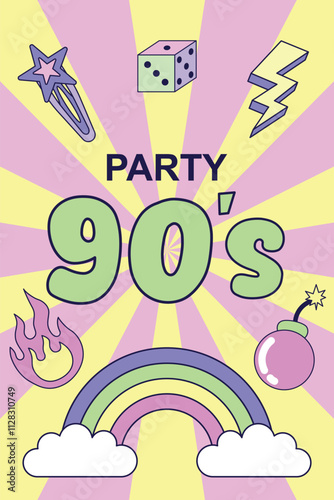 Vintage Poster Party 90s. Multicolored elements on a striped background. Retro illustration with outline in 90s style. Vector illustration.