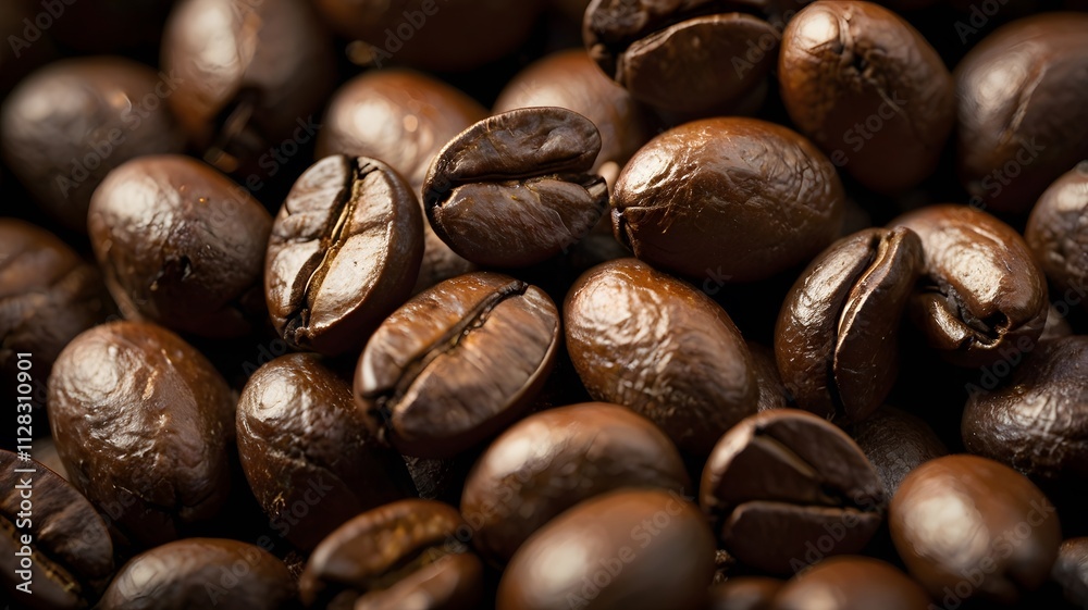 Naklejka premium Roasted coffee beans fill the frame dark brown and rich.