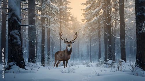 Majestic deer in snowy forest, perfect for winterthemed designs, Christmas cards, naturethemed advertisements, and wildlife publications. photo