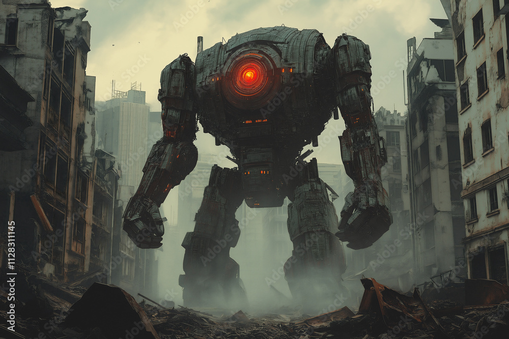Massive robot towering over a desolate urban landscape at dusk. Generative AI Massive robot towering over a desolate urban landscape at dusk. Generative AI
