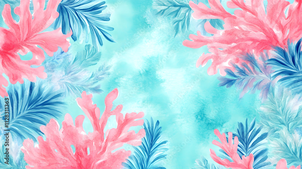 Crystal Clear Seamless Pattern of Watercolor Aquatic Plants with Coral and Ocean Blue Tones for Tropical Settings Crystal Clear Seamless Pattern of Watercolor Aquatic Plants with Coral and Ocean Blue Tones for Tropical Settings