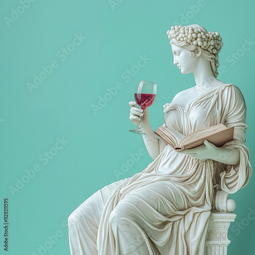 Antique female sculpture holding glass of red wine and book on green background