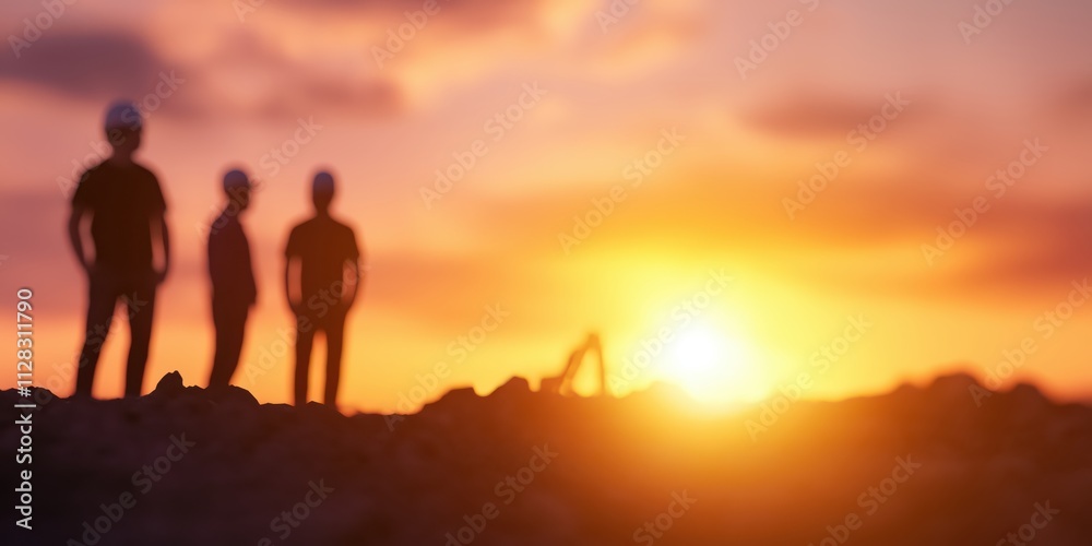 Three silhouetted workers stand against a vibrant sunset backdrop, symbolizing labor, dedication, and the beauty of the workday's end captured in serene tones. Three silhouetted workers stand against a vibrant sunset backdrop, symbolizing labor, dedication, and the beauty of the workday's end captured in serene tones.