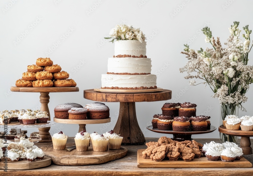 Elegant Dessert Table Display Featuring Assorted Cakes, Cupcakes, Cookies, and Fresh Flowers in a Stylish Setting for Celebrations and Events Elegant Dessert Table Display Featuring Assorted Cakes, Cupcakes, Cookies, and Fresh Flowers in a Stylish Setting for Celebrations and Events