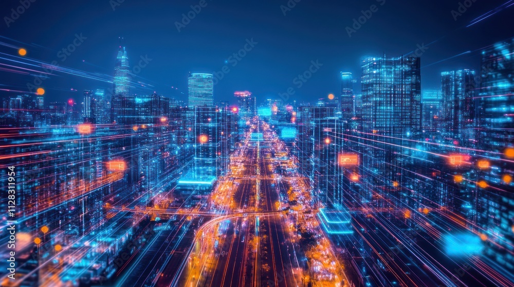 Holographic city at night, neon-lit digital streets, transparent skyscrapers, floating data hubs, high-tech surveillance, vibrant futuristic atmosphere Holographic city at night, neon-lit digital streets, transparent skyscrapers, floating data hubs, high-tech surveillance, vibrant futuristic atmosphere
