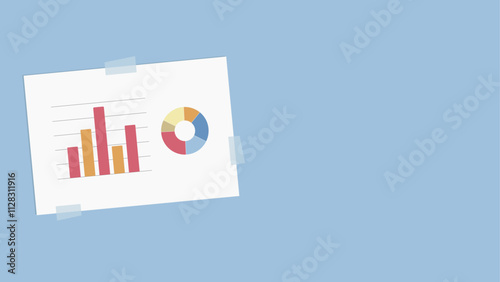 Simple illustration of a bar graph and a pie chart in red, orange and blue tones, displayed on a white paper taped to a blue background