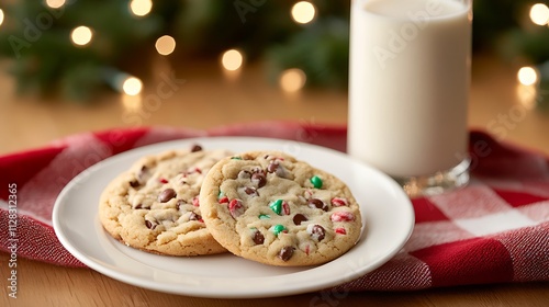 A clean white-style image of A plate of Christmas cookies and a glass of milk left out for Santa. 