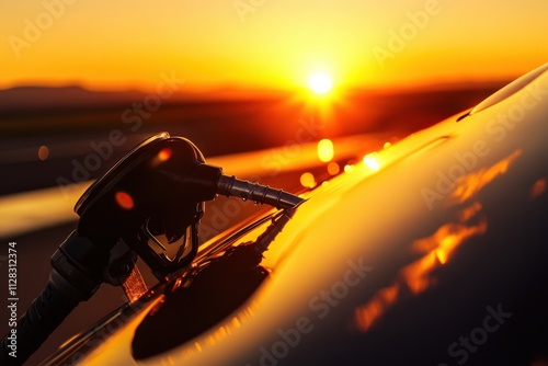 fuel pump at sunset with reflections on a car photo