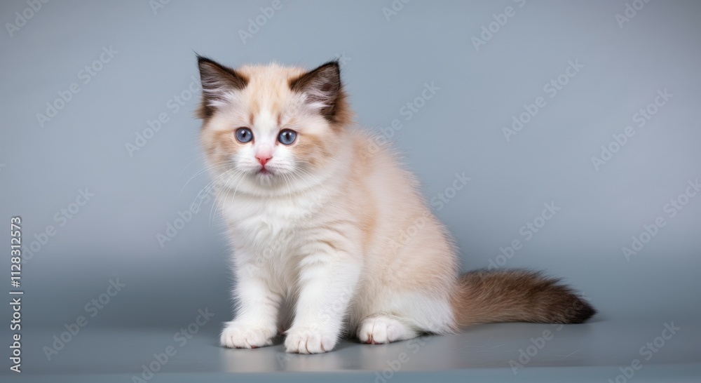 Fluffy ragdoll kitten with blue eyes sitting on gray background Fluffy ragdoll kitten with blue eyes sitting on gray background