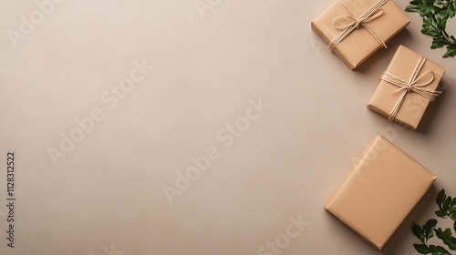 flat lay of eco-friendly packaging materials including kraft paper twine and biodegradable boxes arranged neatly on