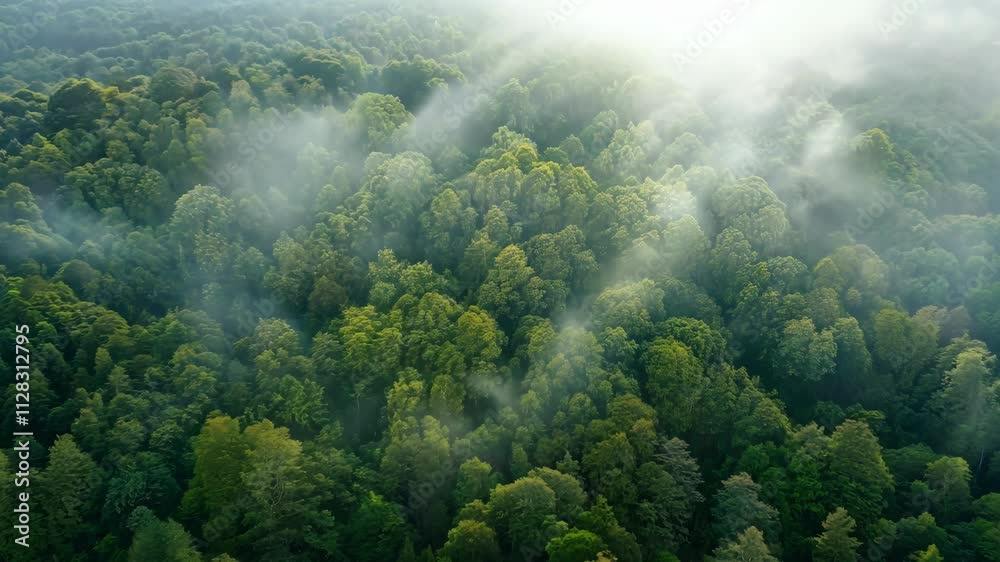 Aerial view showcasing a misty forest with lush green trees in Sao Lourenco, Brazil. The scene evokes tranquility, nature, and serenity.