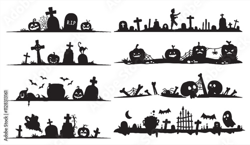 Spooky Halloween graveyard silhouette collection with pumpkins, zombies, bats, and tombstones in eerie settings, perfect for decorations, designs, and spooky themes