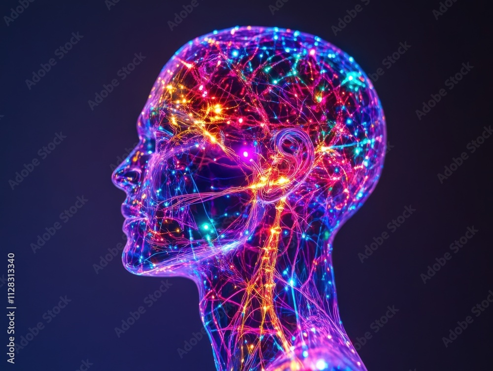 futuristic digital human head with glowing neural connections