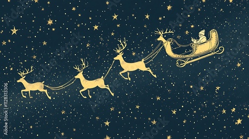 A clean white-style image of A simple line art of reindeer pulling Santa’s sleigh, flying across a starry sky. 