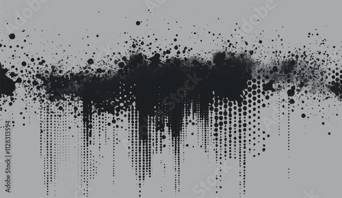 Dynamic abstract splatter design featuring dripping black ink, halftone patterns, and gradient texture on a light gray background. Perfect for modern, artistic themes